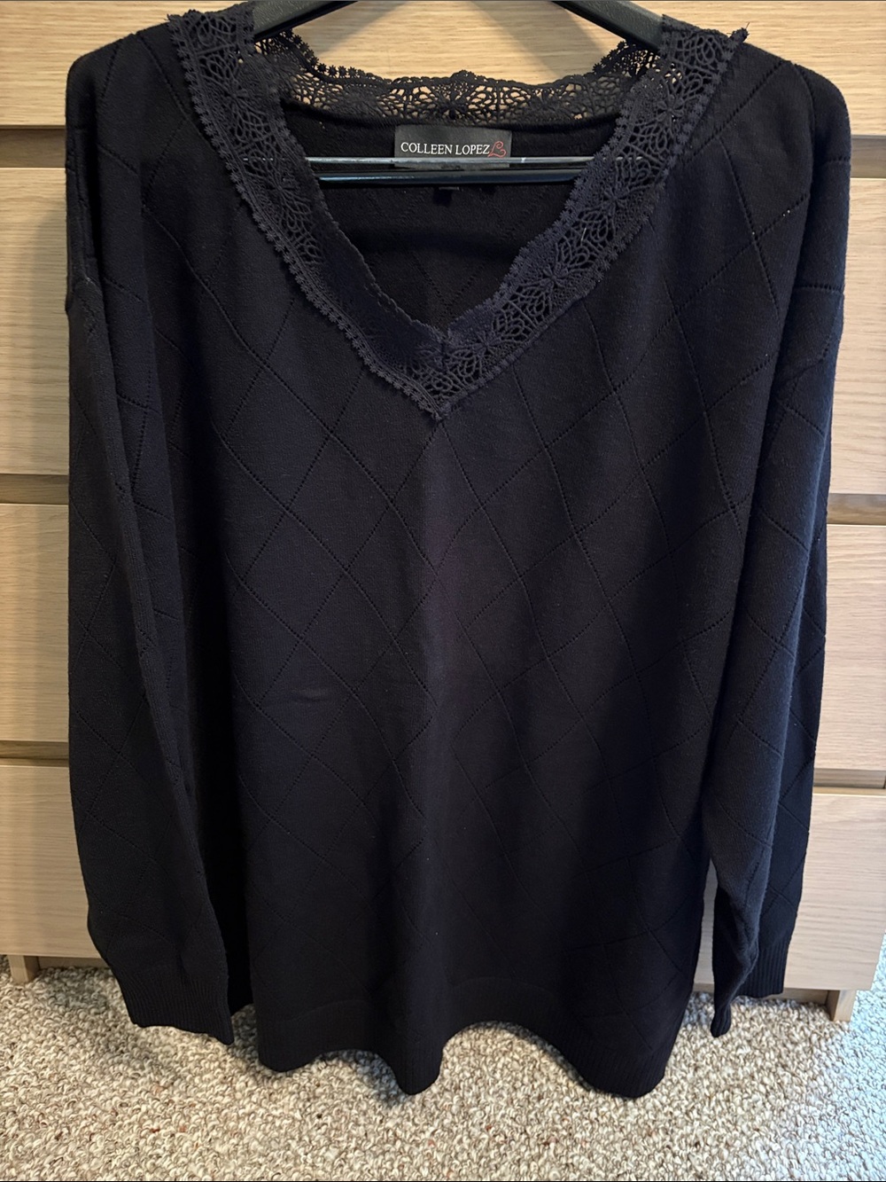 NEW Colleen Lopez Navy blue Lace-Trim V-Neck Diamond Knit Sweater